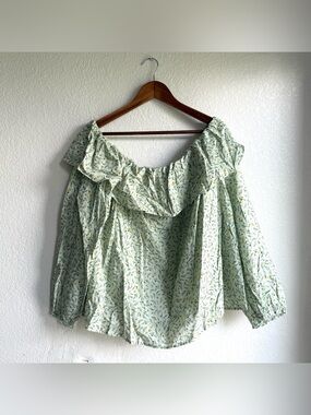 NWT ANA Womens Shirt Blouse Green Mini Floral Off The Shoulder Peasant Size 2X